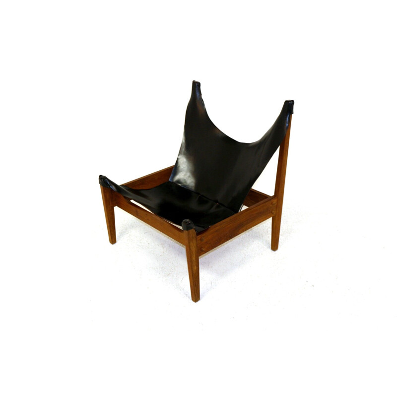 Vintage teak and leather suede armchair 1960s