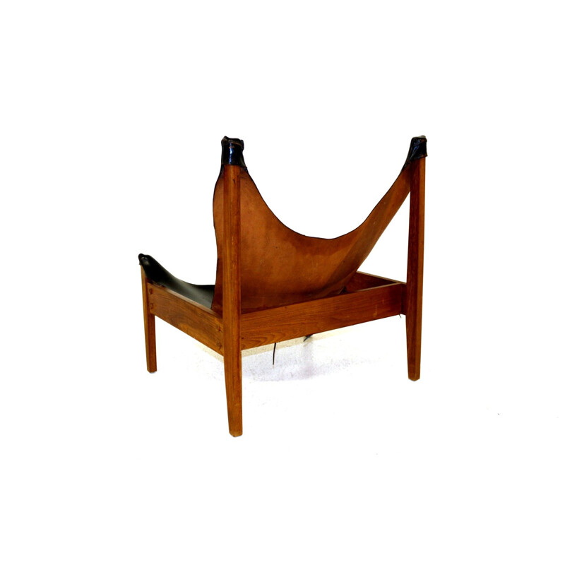 Vintage teak and leather suede armchair 1960s
