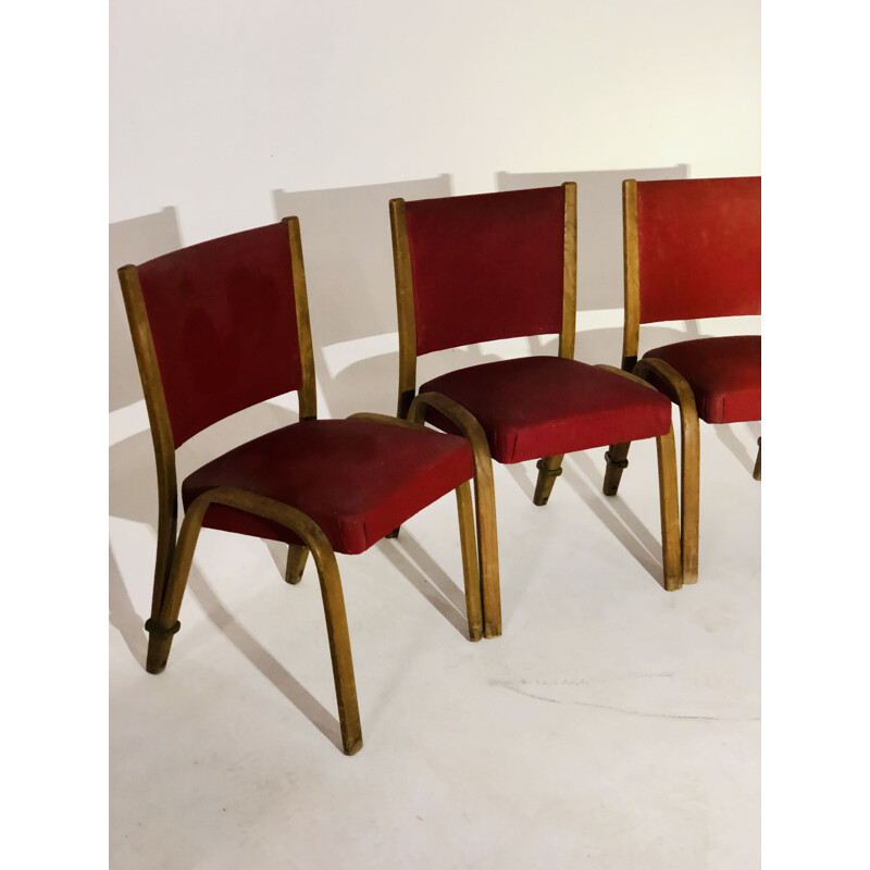 Set of 5 vintage Bow Wood red leatherette chairs, Steiner