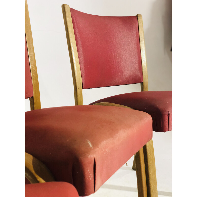 Set of 5 vintage Bow Wood red leatherette chairs, Steiner