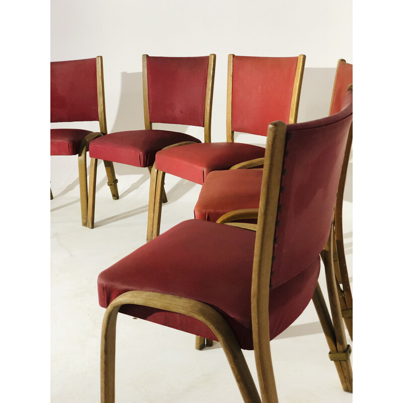 Set of 5 vintage Bow Wood red leatherette chairs, Steiner