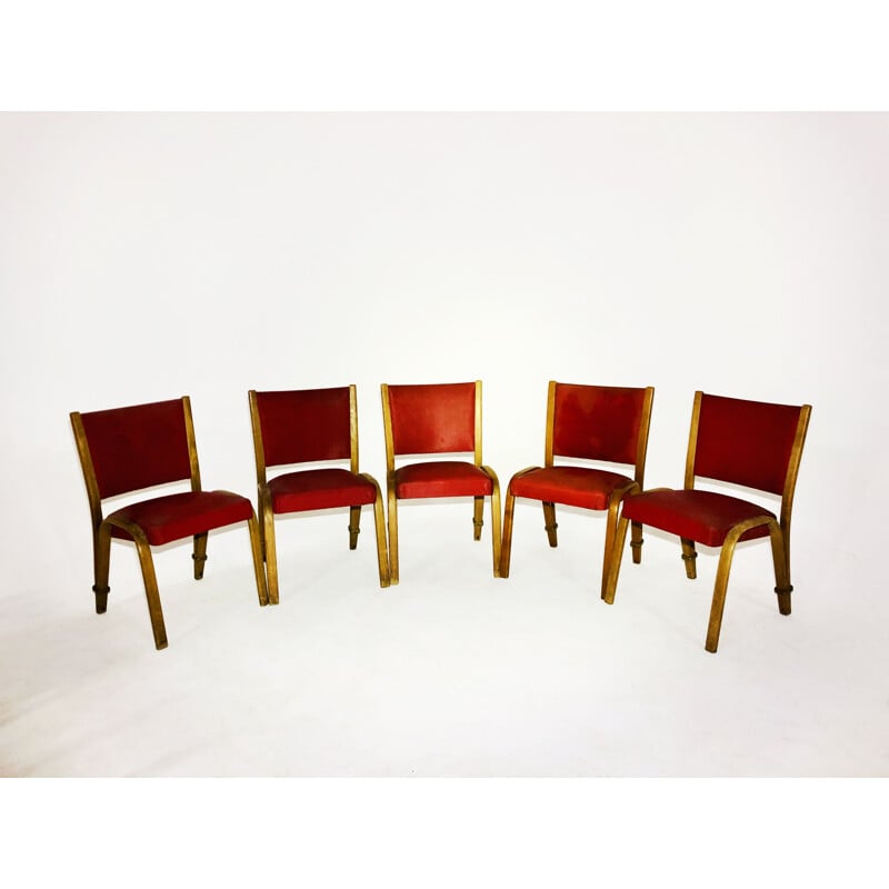 Set of 5 vintage Bow Wood red leatherette chairs, Steiner