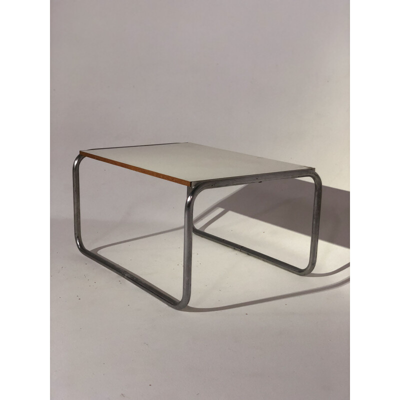 Tavolino vintage in compensato e alluminio cromato
