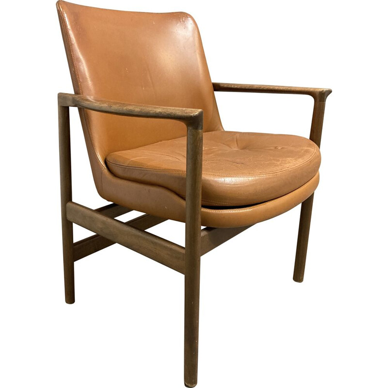 Fauteuil vintage en cuir Kofod Larsen scandinave 1950