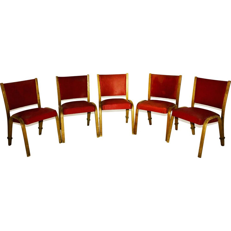 Set of 5 vintage Bow Wood red leatherette chairs, Steiner