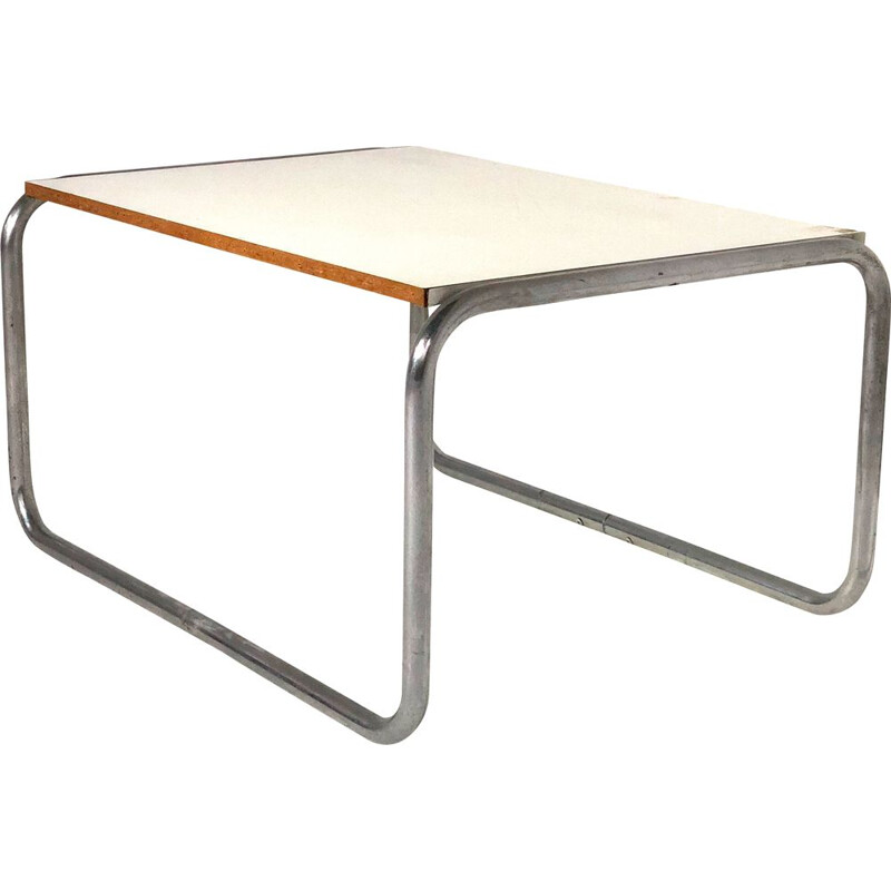 Table basse vintage en contreplaqué et aluminium chromé