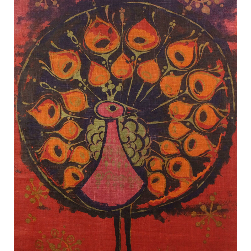 Södahl peacock tapestry wall hanging in jute, Hans J SCHÖBEL - 1960s