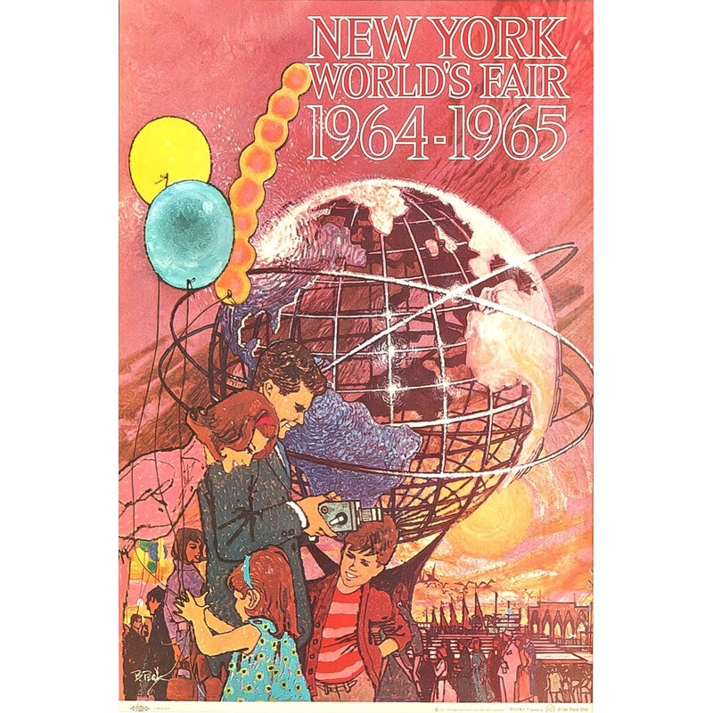 Cartel publicitario vintage de madera y cristal para la "Feria Mundial de Nueva York", 1960