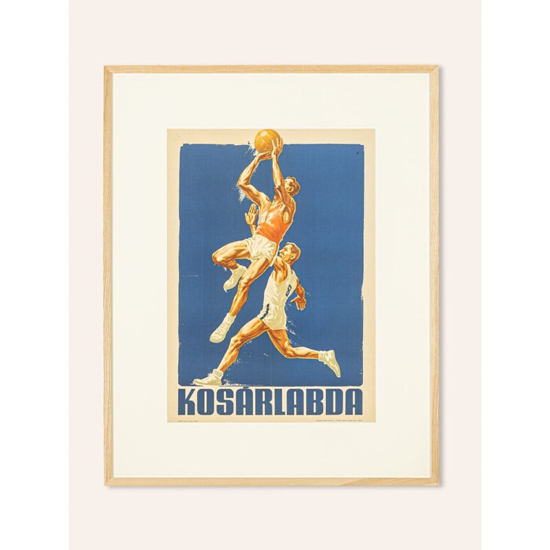 Cartel deportivo vintage de madera y cristal para el Campeonato Europeo de Baloncesto, Hungría 1955