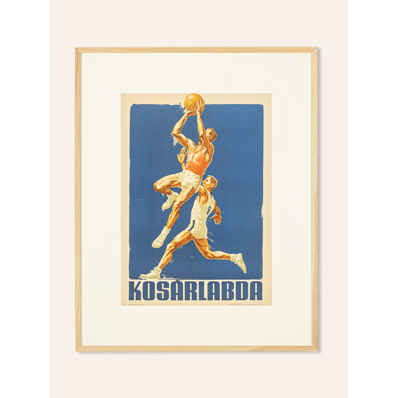 Poster sportivo d'epoca in legno e vetro per il Campionato europeo di pallacanestro, Ungheria 1955