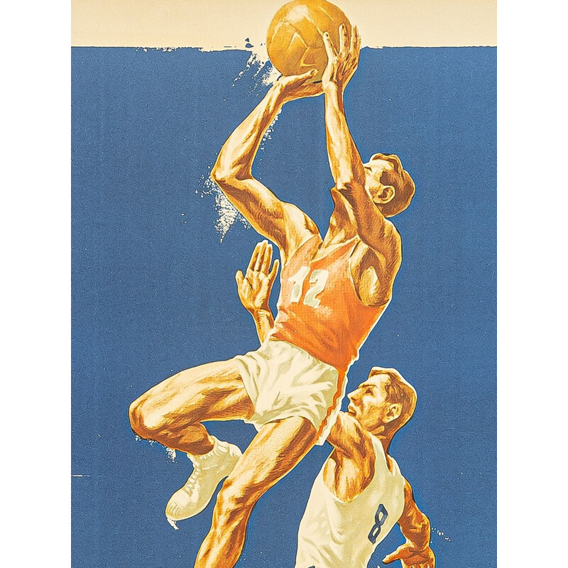 Affiche sportive vintage en bois et en verre pour le championnat d'Europe de basket-ball, Hongrie 1955