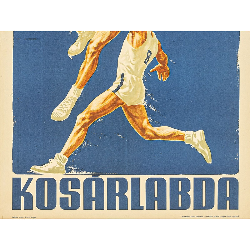 Affiche sportive vintage en bois et en verre pour le championnat d'Europe de basket-ball, Hongrie 1955