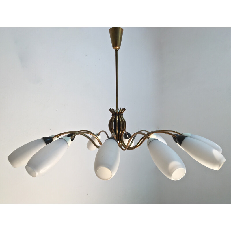 Italian Mid century chandelier in brass and glass - 1950s