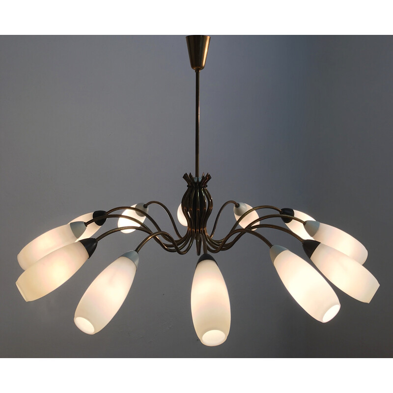 Italian Mid century chandelier in brass and glass - 1950s