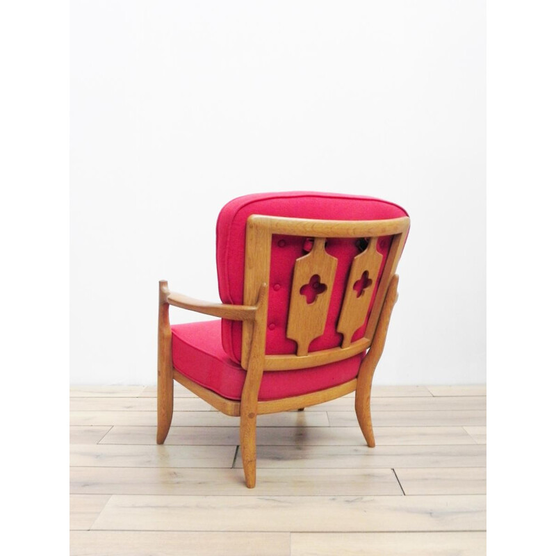 Fauteuil "José" Votre Maison en chêne clair et tissu lainé rouge, GUILLERME & CHAMBRON - 1970