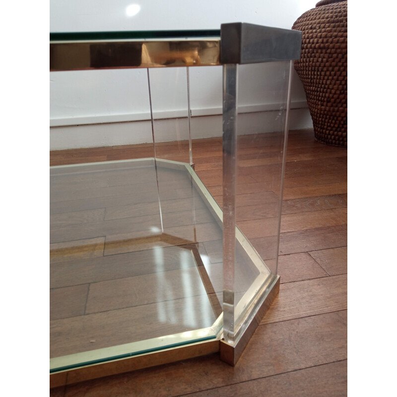 Table basse vintage en laiton et plexiglass Roche Bobois 1970