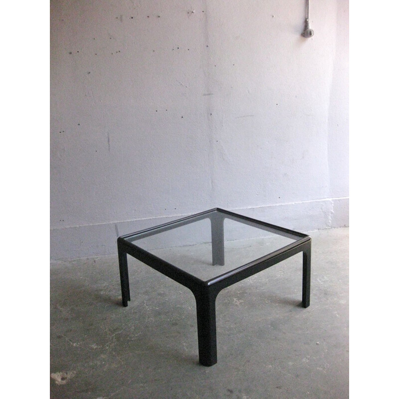 Table basse vintage noire en bois et verre 1970