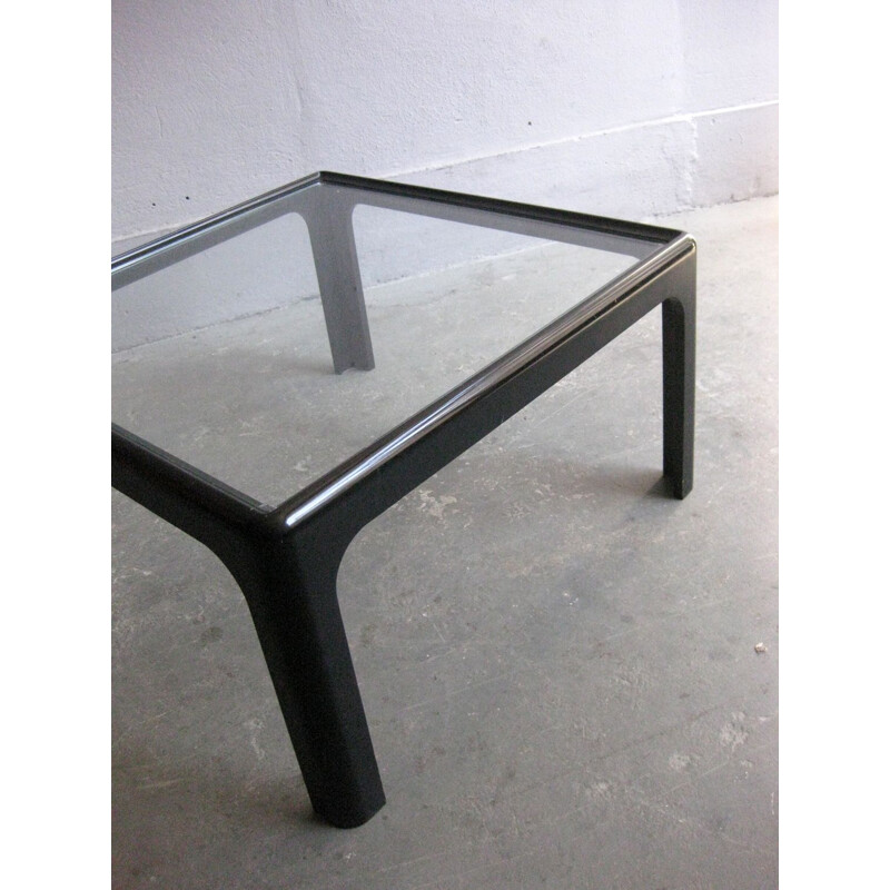 Table basse vintage noire en bois et verre 1970