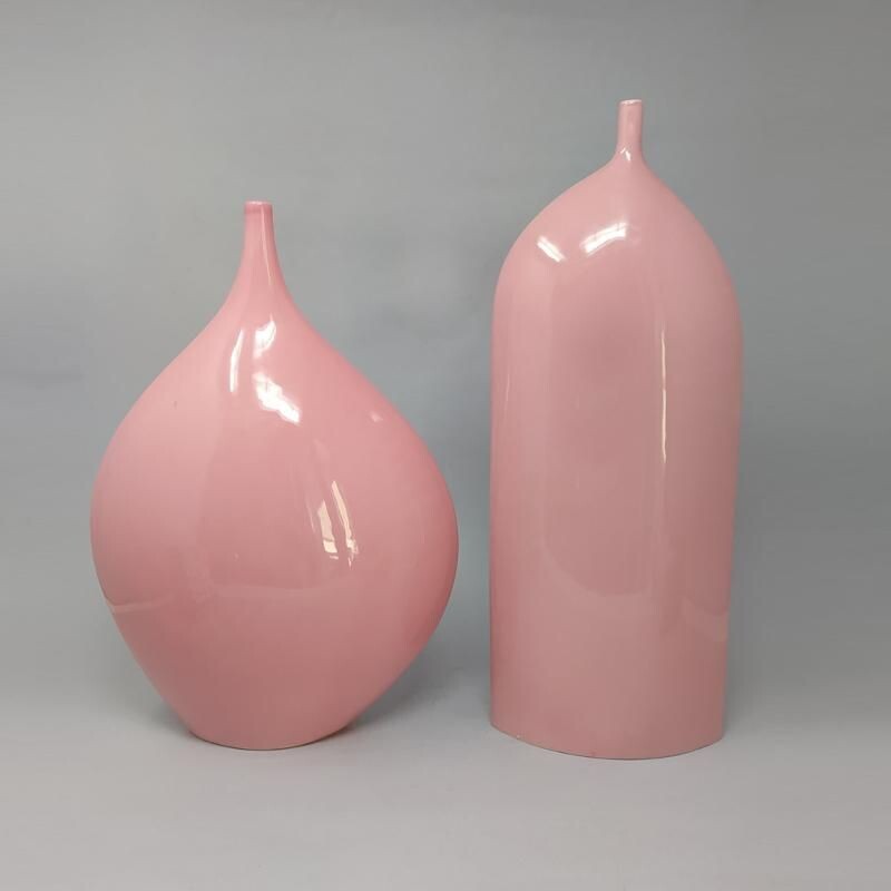 Paire de vases vintage roses en céramique Italie 1970