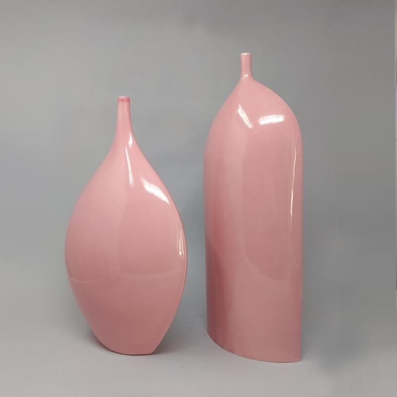 Paire de vases vintage roses en céramique Italie 1970