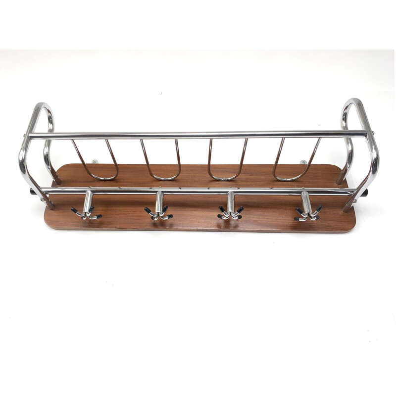 Mid-Century Wall Coat Rack Teak and Metal chrome plated Scandinavia 1960s