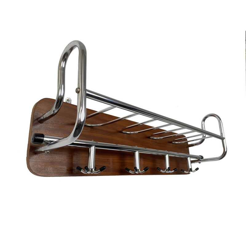 Mid-Century Wall Coat Rack Teak and Metal chrome plated Scandinavia 1960s