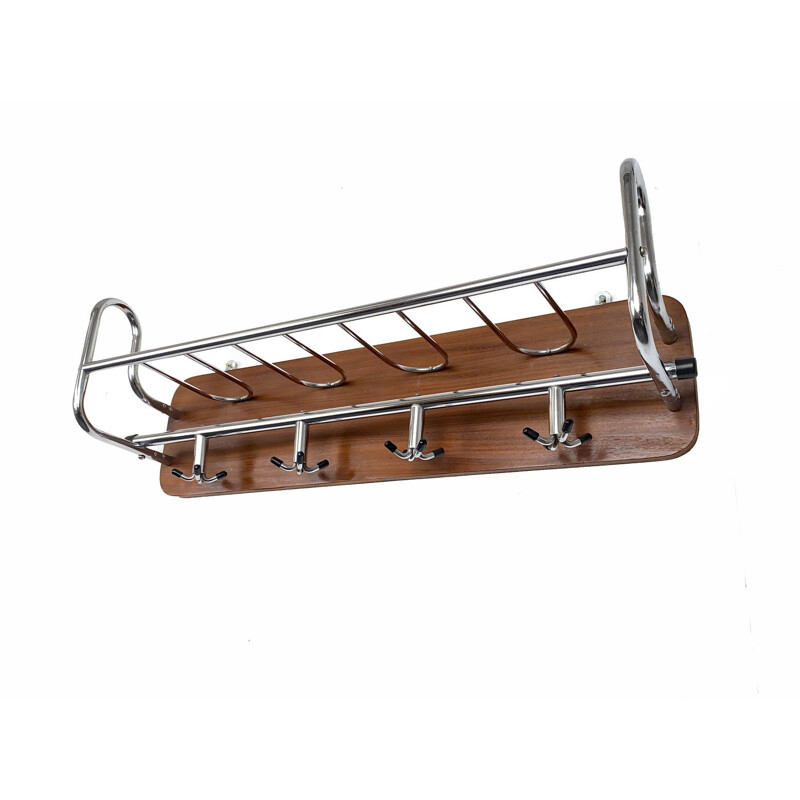 Mid-Century Wall Coat Rack Teak and Metal chrome plated Scandinavia 1960s