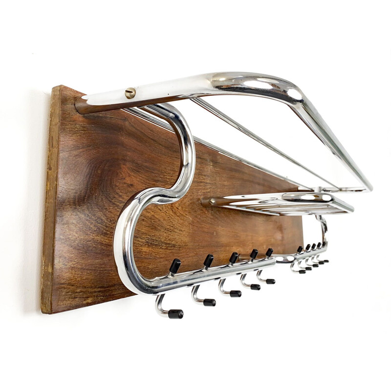 Mid-Century Wall Coat Rack Teak and Metal chrome plated Scandinavia 1960s