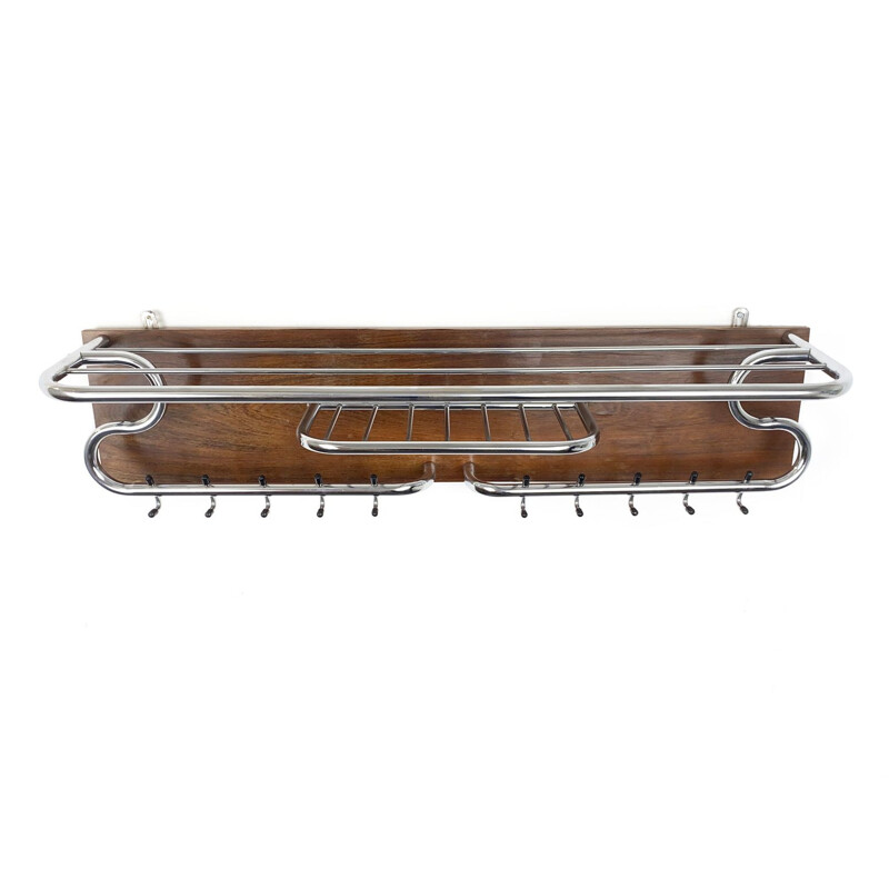 Mid-Century Wall Coat Rack Teak and Metal chrome plated Scandinavia 1960s