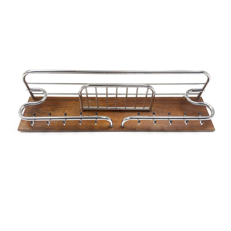 Mid-Century Wall Coat Rack Teak and Metal chrome plated Scandinavia 1960s