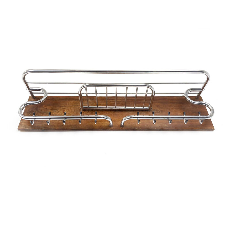 Mid-Century Wall Coat Rack Teak and Metal chrome plated Scandinavia 1960s