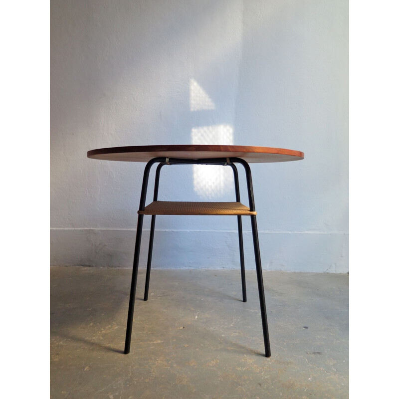 Vintage table in teak and rattan with metal base 1950s