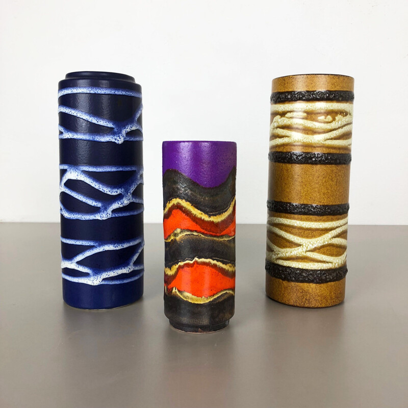 Ensemble de 3 vases vintage en céramique de lave grasse "TUBE" de Scheurich, Allemagne 1970