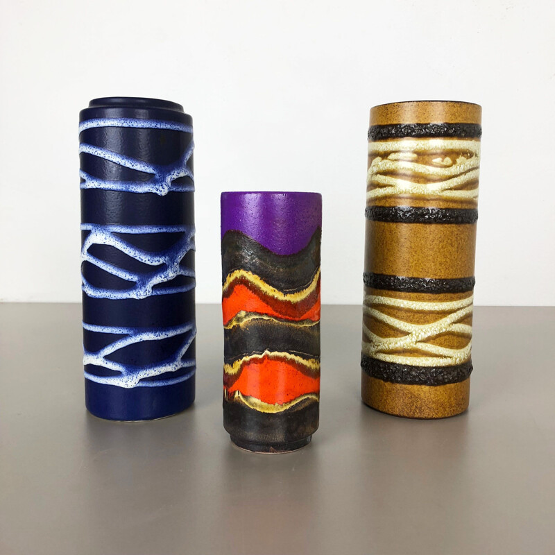 Set of 3 vintage lava clay vases "TUBE" from Scheurich, Germany 1970