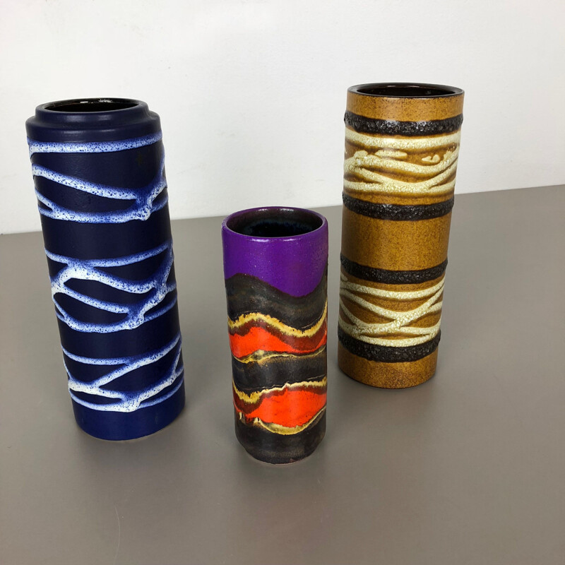 Ensemble de 3 vases vintage en céramique de lave grasse "TUBE" de Scheurich, Allemagne 1970