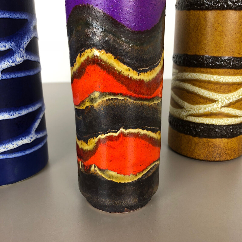Set of 3 vintage lava clay vases "TUBE" from Scheurich, Germany 1970