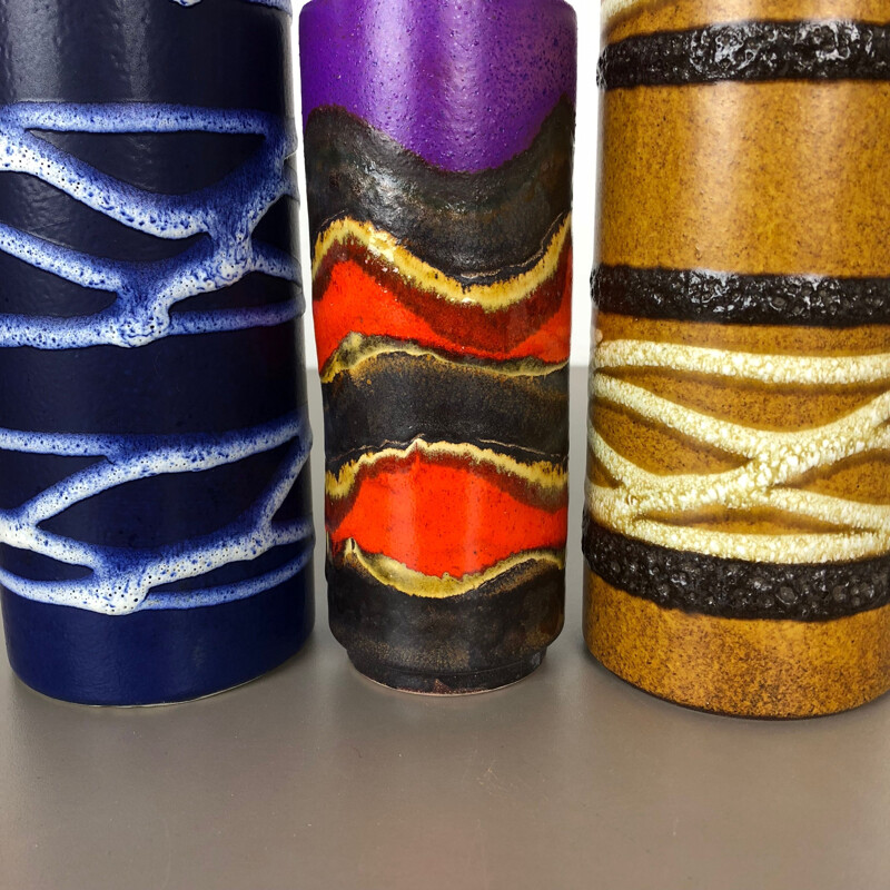 Conjunto de 3 vasos de barro de lava vintage "TUBE" de Scheurich, Alemanha 1970