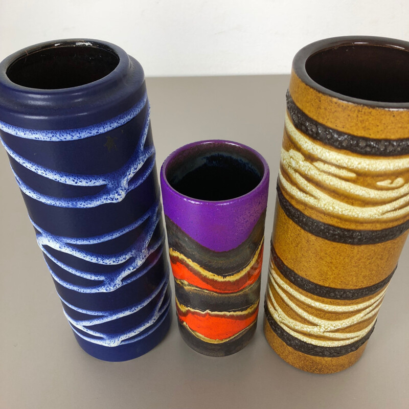 Ensemble de 3 vases vintage en céramique de lave grasse "TUBE" de Scheurich, Allemagne 1970
