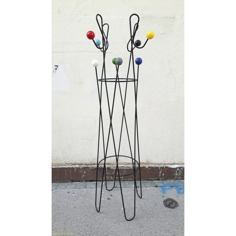 "Clefs de sol" coat rack in metal and colored wood, Roger FERAUD - 1950s