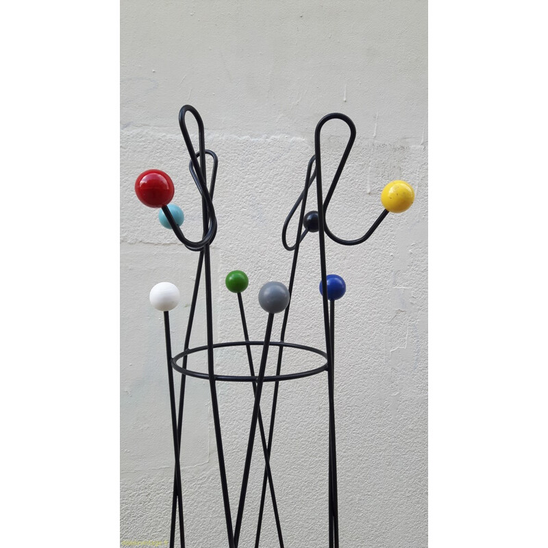 "Clefs de sol" coat rack in metal and colored wood, Roger FERAUD - 1950s