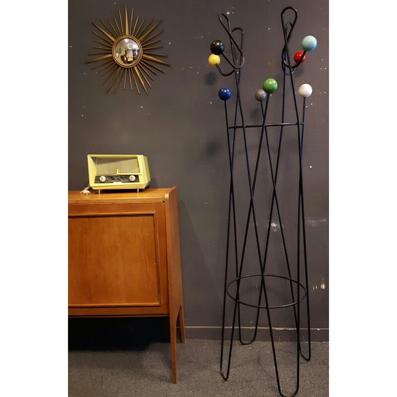 "Clefs de sol" coat rack in metal and colored wood, Roger FERAUD - 1950s