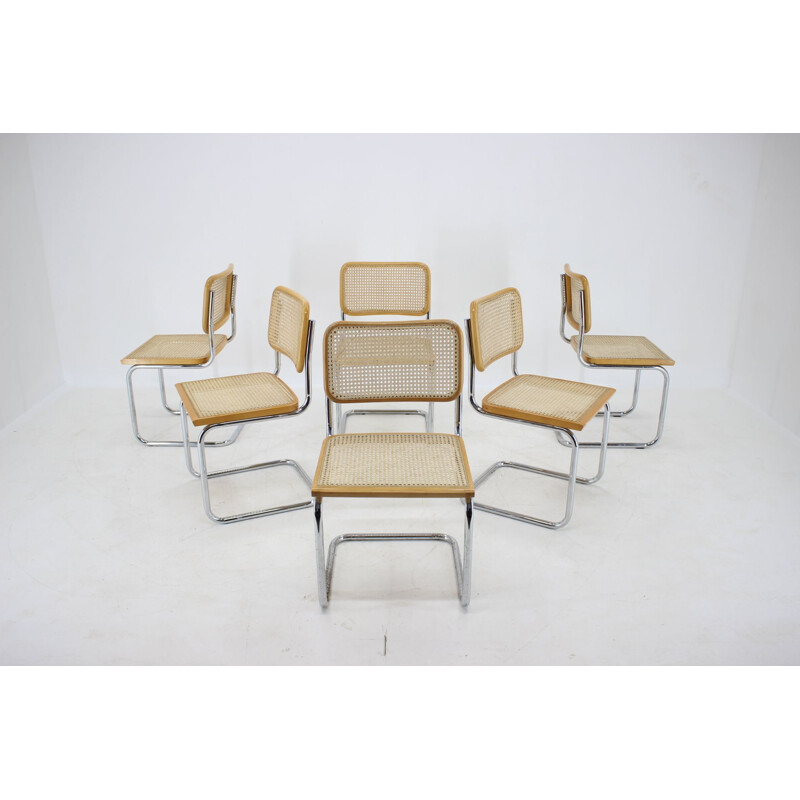 Lot de 6 chaises vintage en bois plaqué chrome Italie 1970