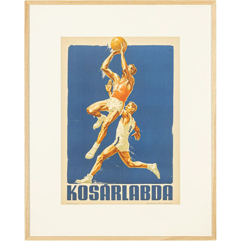 Affiche sportive vintage en bois et en verre pour le championnat d'Europe de basket-ball, Hongrie 1955