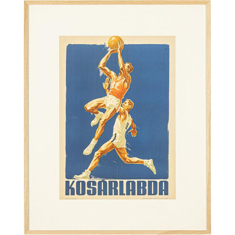 Poster sportivo d'epoca in legno e vetro per il Campionato europeo di pallacanestro, Ungheria 1955