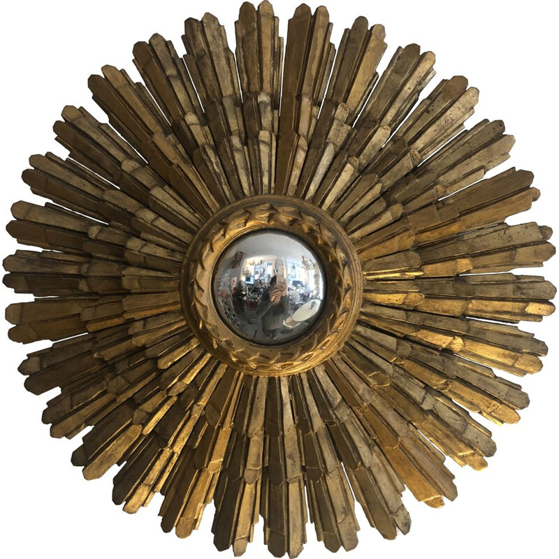 Miroir vintage soleil en bois 1950
