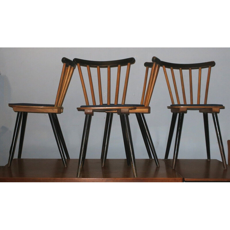 Set of 12 vintage chairs with splayed legs plywood seats and petrol blue-green covers 1950s