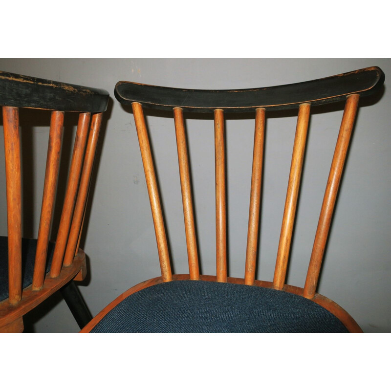 Set of 12 vintage chairs with splayed legs plywood seats and petrol blue-green covers 1950s