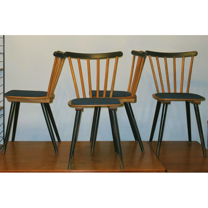 Set of 12 vintage chairs with splayed legs plywood seats and petrol blue-green covers 1950s