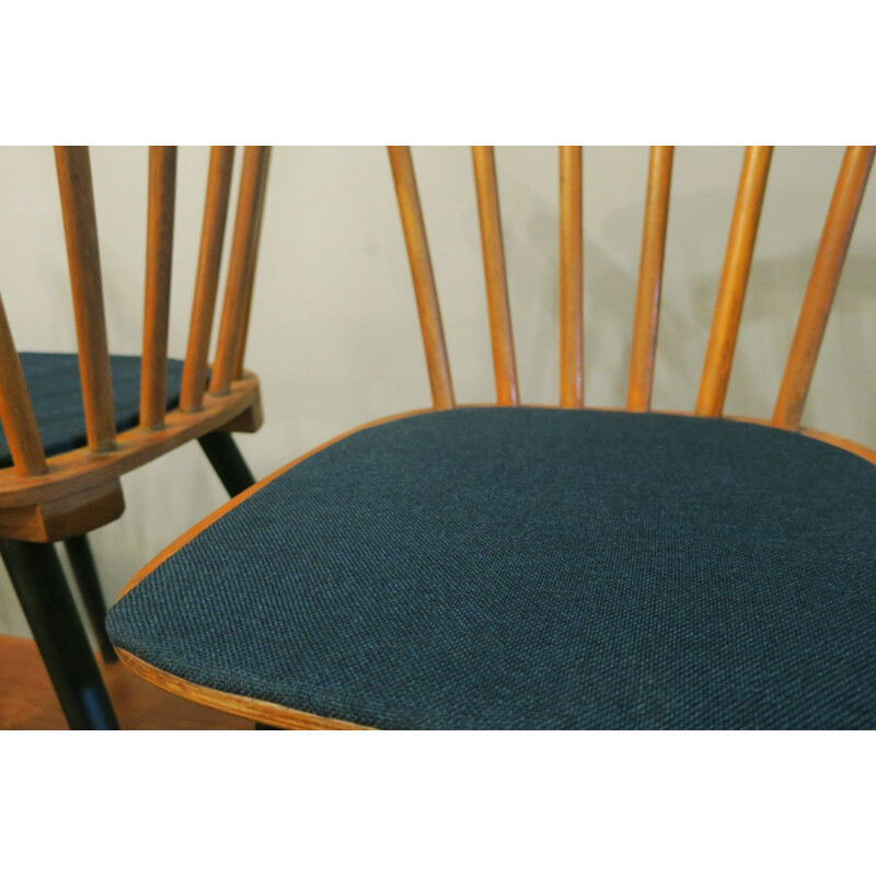 Set of 12 vintage chairs with splayed legs plywood seats and petrol blue-green covers 1950s