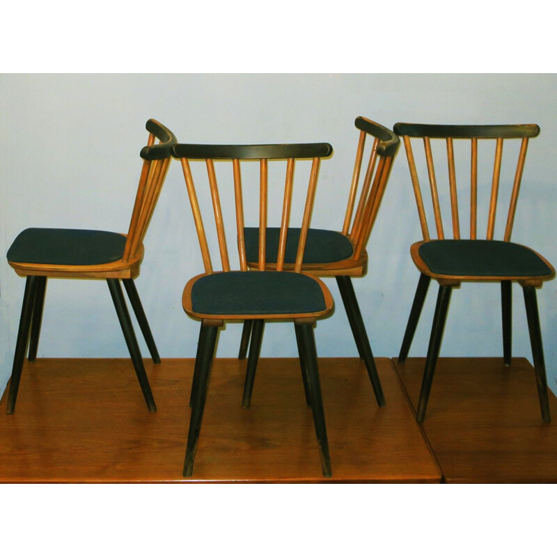 Set of 12 vintage chairs with splayed legs plywood seats and petrol blue-green covers 1950s